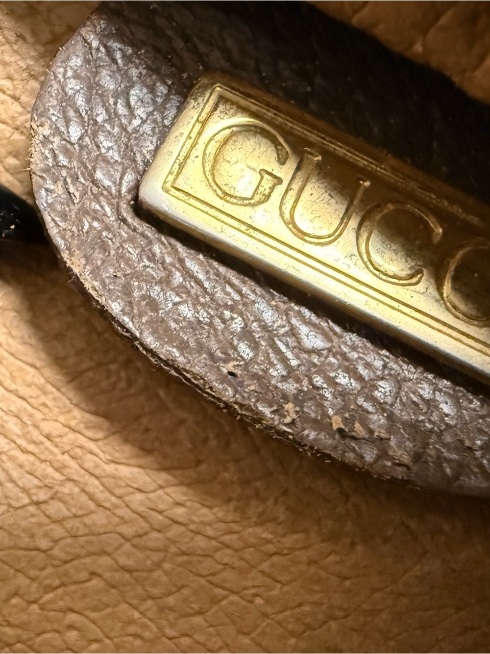 Gucci Gold-Tone Logo Plate on Dark Brown Leather